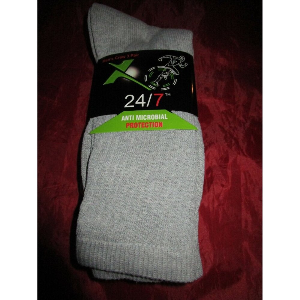 3 Pair 24/7 Microbial Crew Socks 65% Cotton Fits Shoe 6-11 Grey